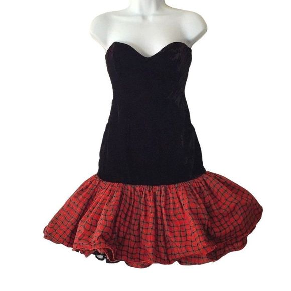 Prom Pouf Skirt Dress Vintage 80s Black Velvet Mini Formal Women XS VFG - Picture 1 of 8